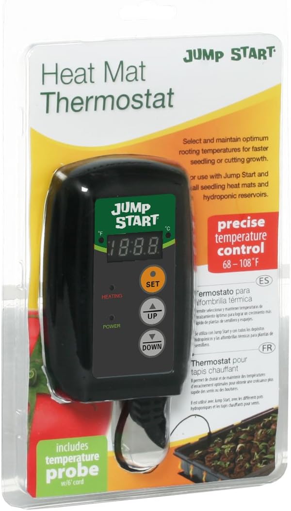 JumpStart by Hydrofarm Digital Thermostat Controller for Heat Mats, MTPRTC, Water Resistant Probe, Celcius or Farenheit Read-Out, 6' Cord