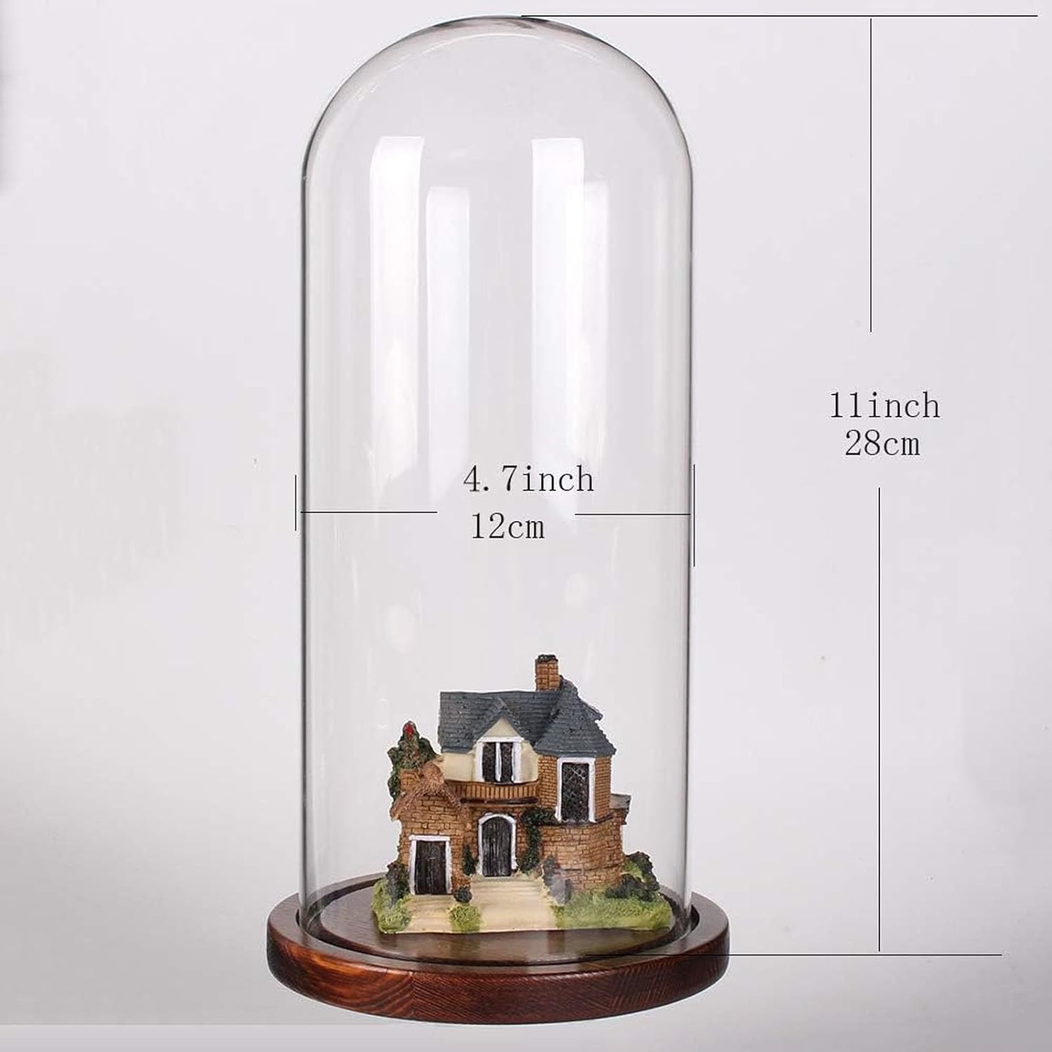 Glass Cloche Dome with Coffee Wood Base - 4.7" x 11" Display Case for Terrariums, Collectibles & Home Decor, Glass Dome Cloche with Natural Wood Base, Bell Jar Display Cover