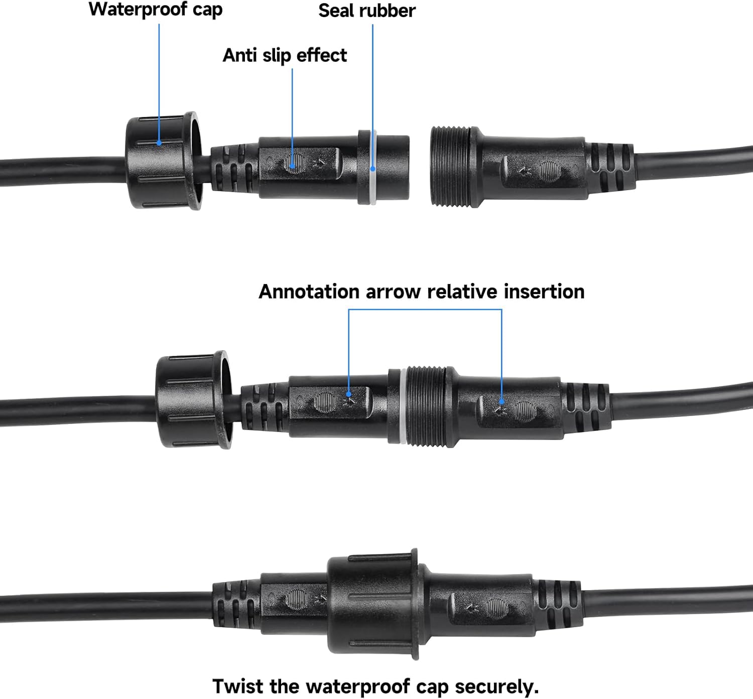 MAD OWL 3-Pin Waterproof LED Wire Connector Kit, 16 AWG 11inch/28cm Male Female Connectors with Tin Plated Joint for Various Waterproof Wires DIY (4 Set Black)