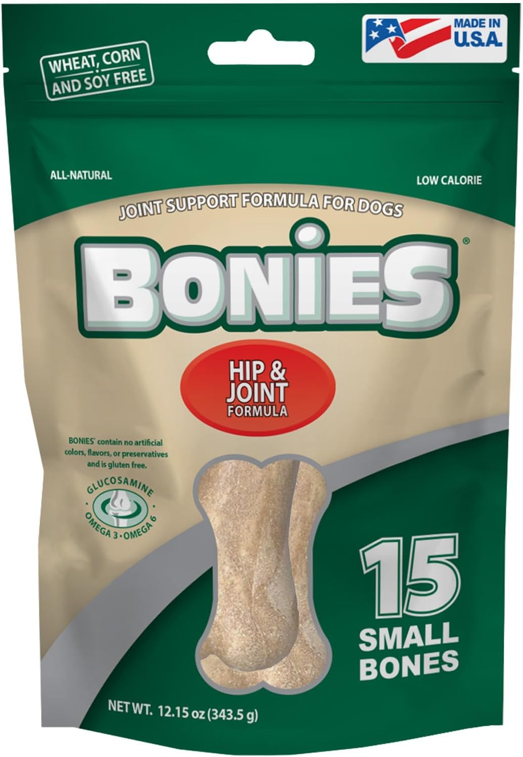 Bonies Natural Hip & Joint Formula Small-Sized Single Bone, Glucosamine & Omega Fatty Acids, Fresh Breath, Clean Teeth, Low Calories, Chicken Flavor, Small Dogs, 20 Bones