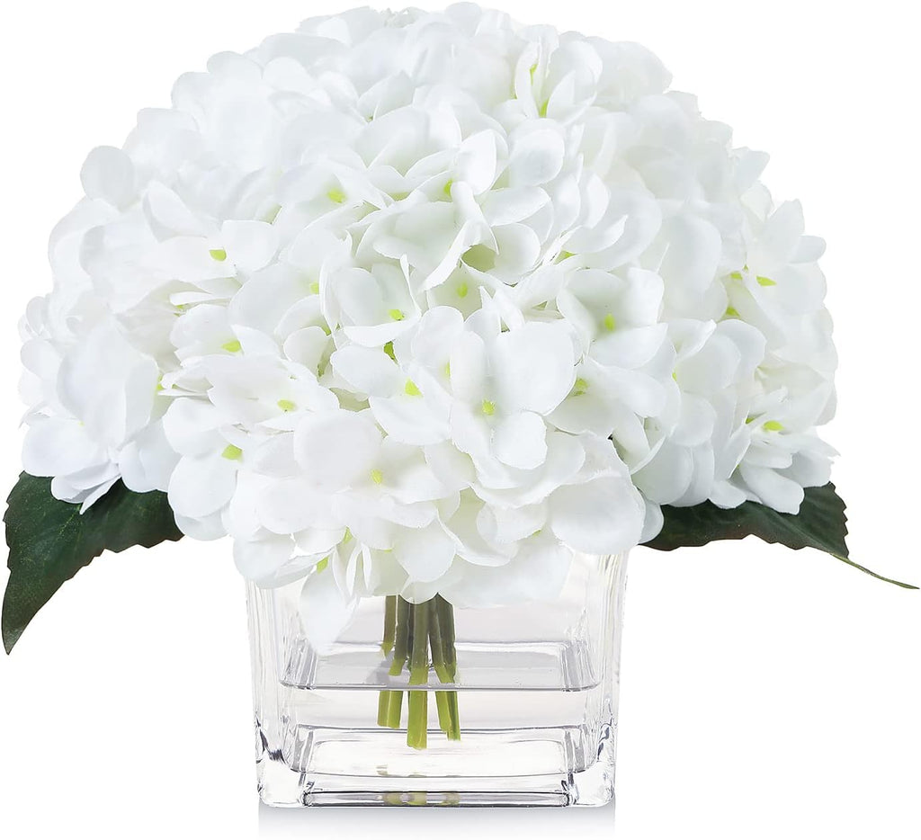 Silk Hydrangea Artificial Flowers in Vase with Faux Water, Silk Flower Arrangements in Vase for Wedding, Dining Table, Living Room (White)