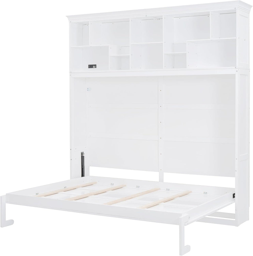 Merax Modern Farmhouse Solid Wood Murphy Cabinet Bed with Top Shelves & USB Charging, Tall Wall Platform Bed No Box Spring Needed/Easy Assemble Queen,White