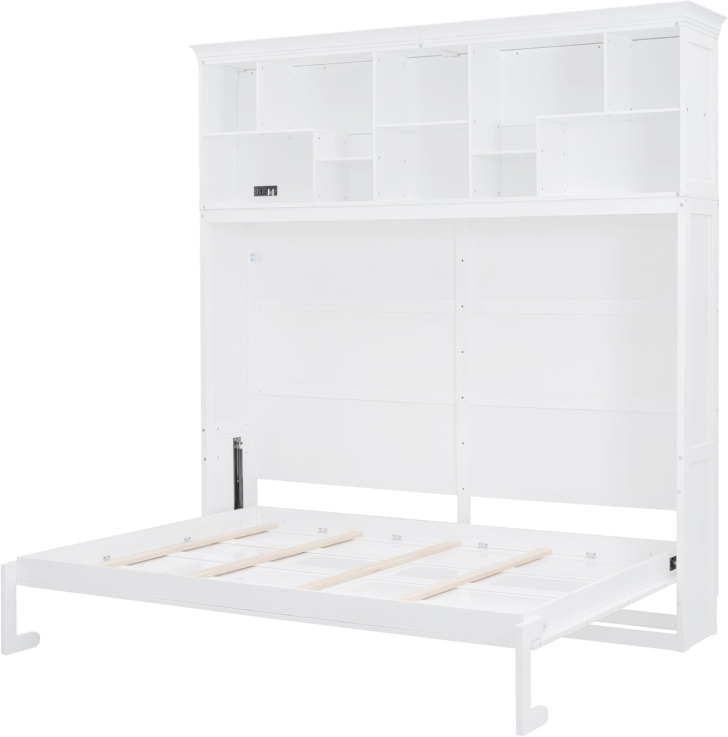 Merax Modern Farmhouse Solid Wood Murphy Cabinet Bed with Top Shelves & USB Charging, Tall Wall Platform Bed No Box Spring Needed/Easy Assemble Queen,White