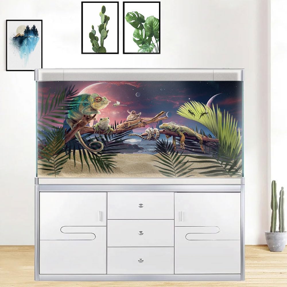 24X16IN Cosmic Spaceterrarium Background, Cool Parallel Space Themed Aquarium Reptile Habitat Background, Red Moon Aquarium Background with 10EVA Double-Sided Tape