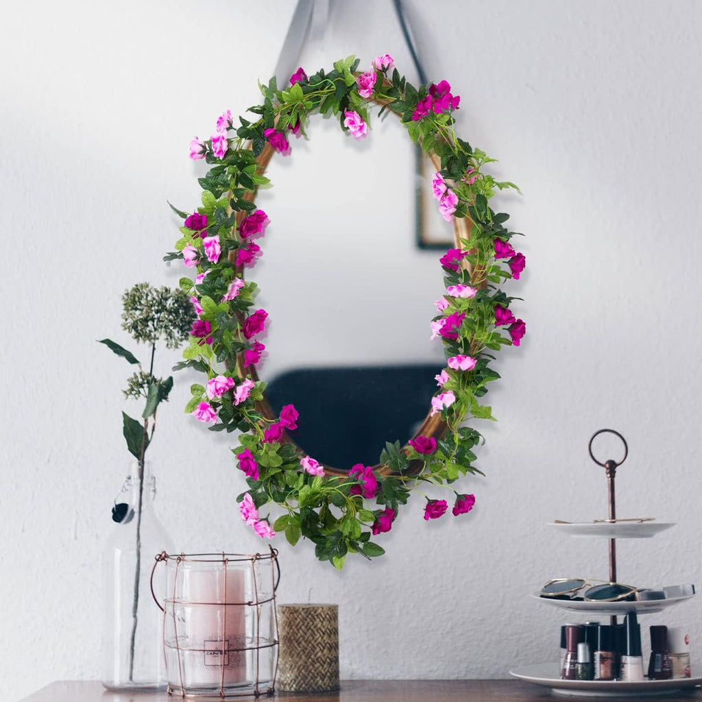 Kisflower 3PCS/23.7FT Artificial Rose Flower Garland, Fake Vines Silk Floral Hanging Plant for Wedding Arch Decorations Room Party Home Garden Hotel Office Wall Decor (Fuchsia)
