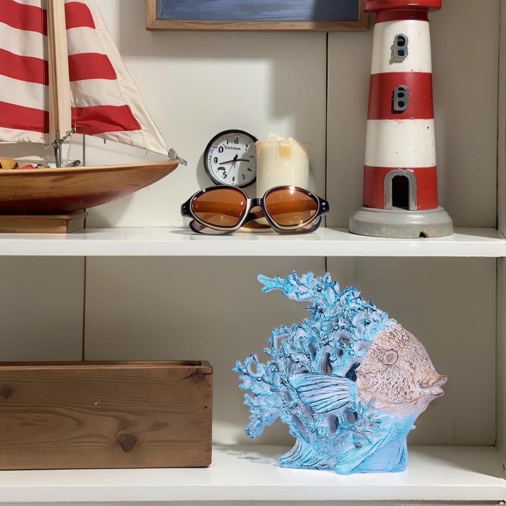 Beach Coastal Decor – 9.8in Turquoise Coral Reef Angelfish Figurine, Modern Nautical Ocean Sculpture Centerpiece for Living Room, Bathroom, Shelf, Coffee Table, Office or Beach House Gift
