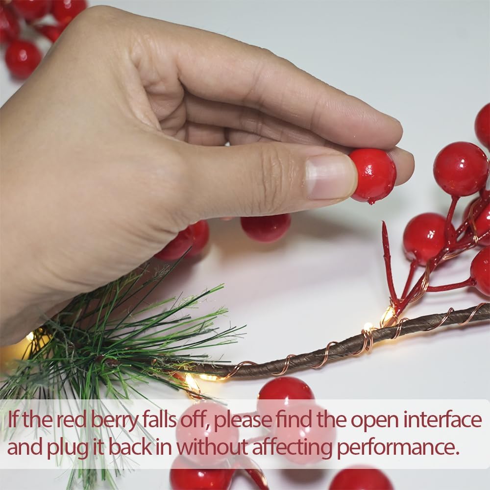 6.56FT Christmas Garland Decorations Red Berry Garlands with Lights 96 Fairy LED Lights Lighted Pine Garland for Mantle Fireplace Table Stairs Railing Xmas Tree Indoor Outdoor Winter Holiday Decor