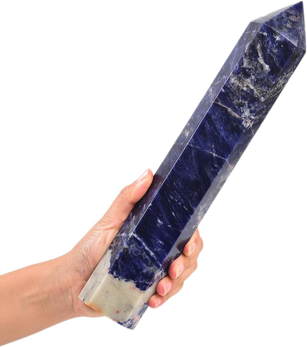 JIC Gem Large Blue Sodalite Obelisk Tower Points Healing Crystal Wand 6 Faceted Blue Quartz Crystals Tower Wand Home Decor Reiki Healing 2.6-3.0 Lbs