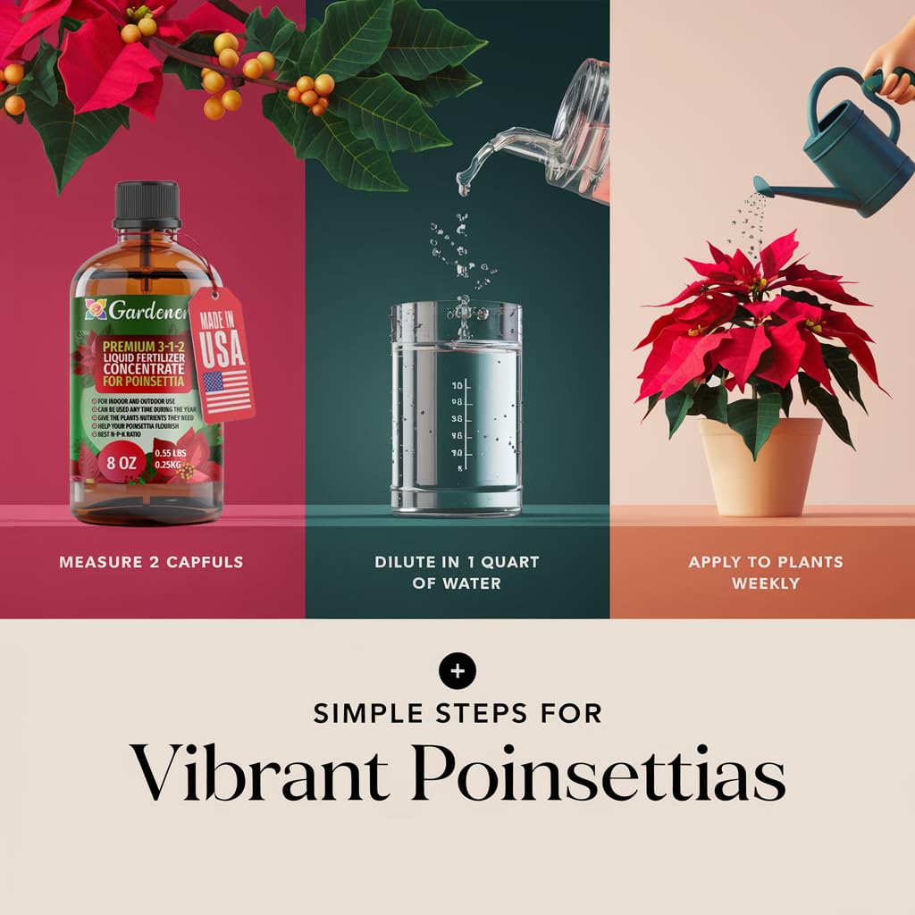 Gardenera Poinsettia Plant Fertilizer - 3-1-2 NPK - Organic Liquid Plant Food for Christmas Flowers and Trees - 8oz Concentrate