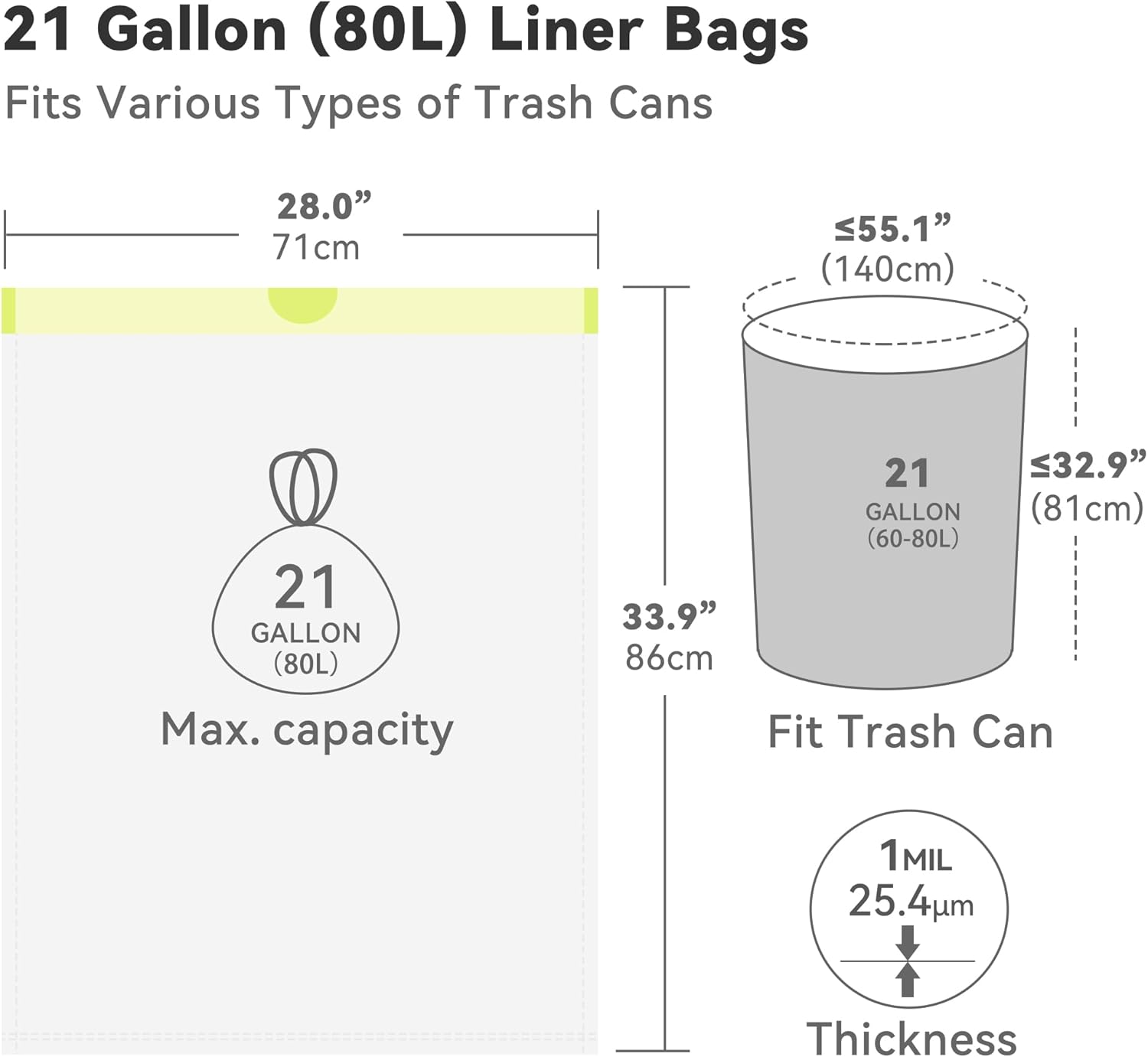 Ninestars Extra Strong White Trash Bags with Drawstring, Multiple Sizes 90 Count, Kitchen Drawstring trash bags 90 Trash Bags (21 gallon 90 ct)