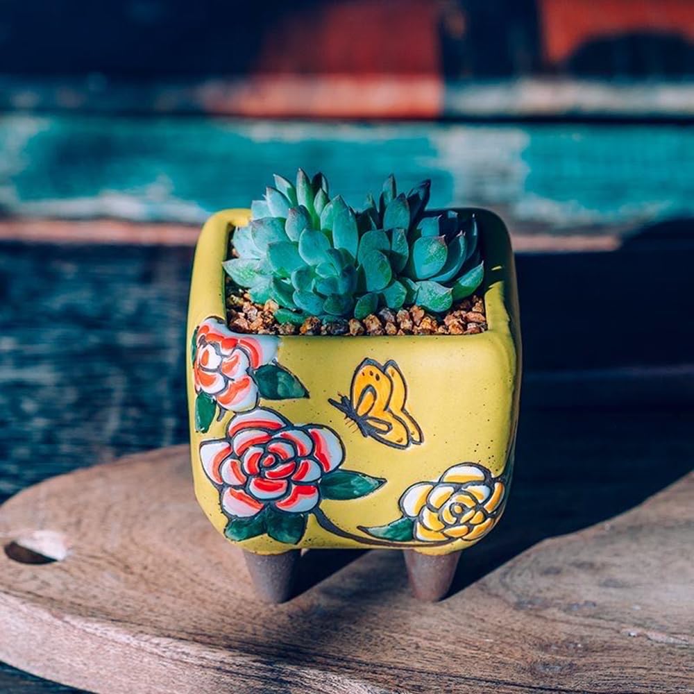 3.63 Inch Hand Painted Succulent Planter with Drainage and Saucers Ceramic Cactus Planter Pot Clay Pot Floral Design Indoor Outdoor Set of 3 (Green Yellow Red)