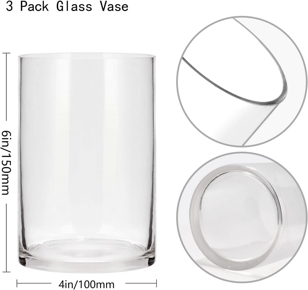 Set of 3 Cylinder Glass Vases for Centerpieces,6 Inch High Clear Flower Vase for Home Decor,Candle Holder,Wedding Favors and Floral Arrangements(4" W X 6" H)