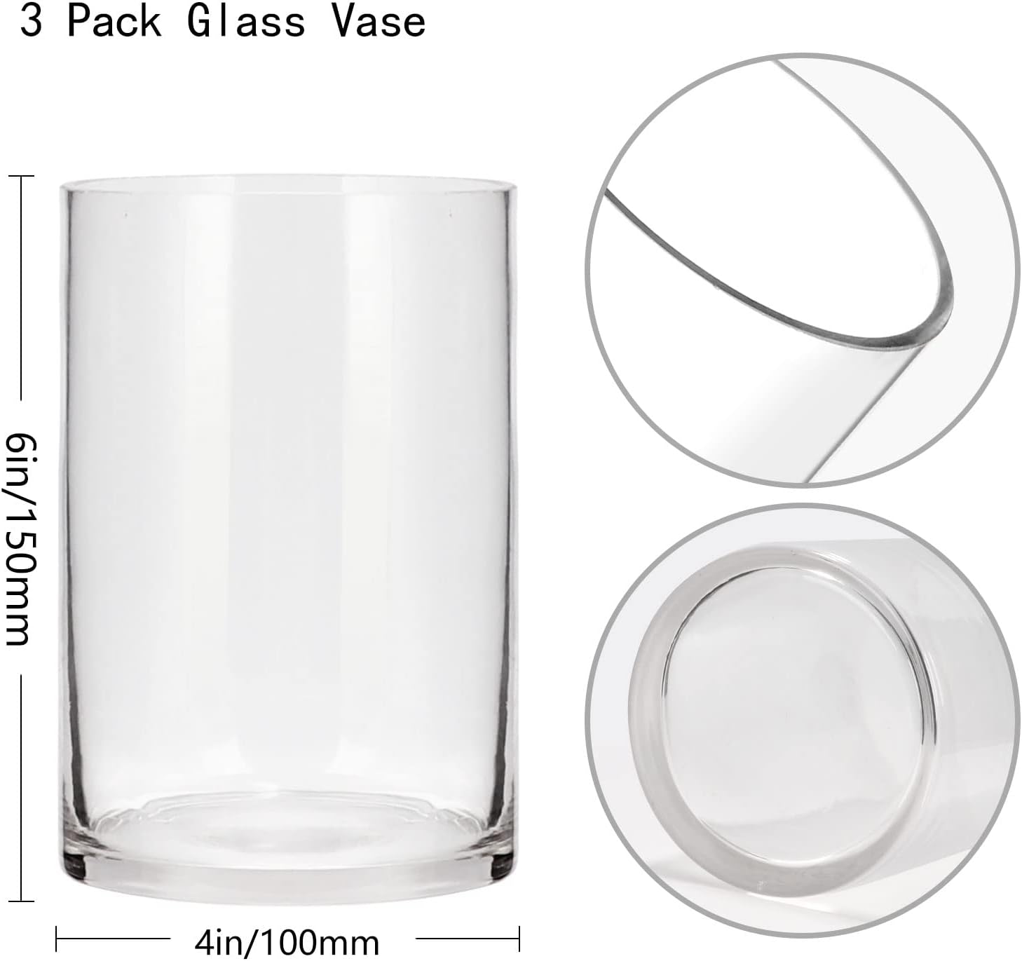 Set of 3 Cylinder Glass Vases for Centerpieces,6 Inch High Clear Flower Vase for Home Decor,Candle Holder,Wedding Favors and Floral Arrangements(4" W X 6" H)