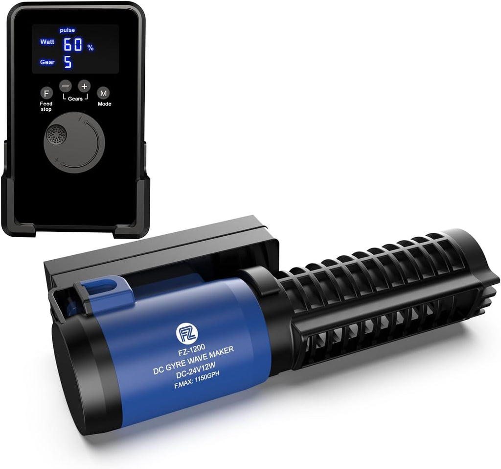 FZONE Nano Wave Maker for Aquarium, 24V DC Gyre Wavemaker with LCD Display Controller, Adjustable Cross Flow, Quiet Powerhead with Magnetic Mount for Saltwater & Freshwater Tanks (1150 GPH)