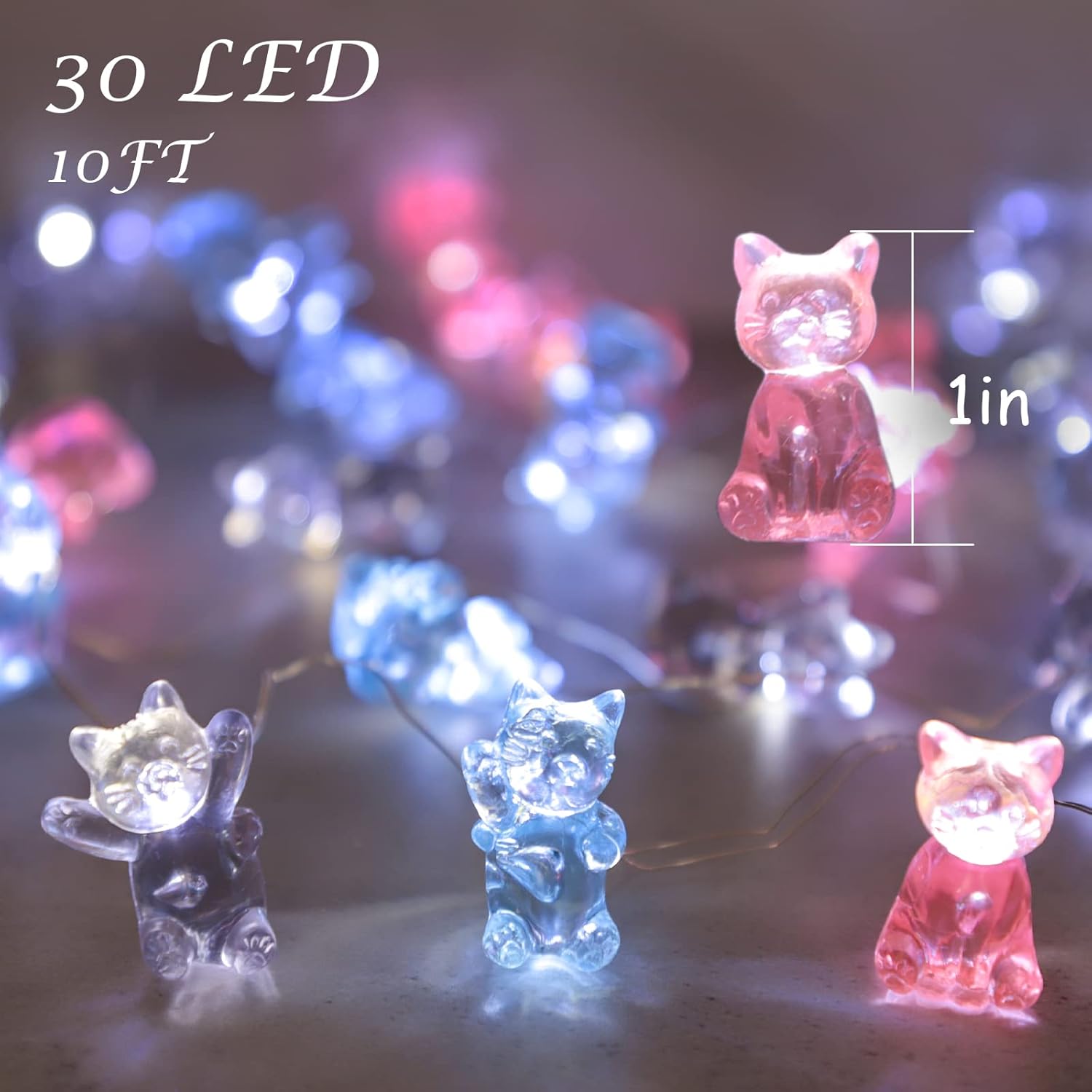 10FT 30LEDs Cat String Lights - Pink Blue Gray Cat Decor - Lovely 3D Cute Cat Design - Battery & USB Powered - Remote Control - Perfect for Pet Lovers Birthday Gift - Ideal Fairy Lights for Indoor