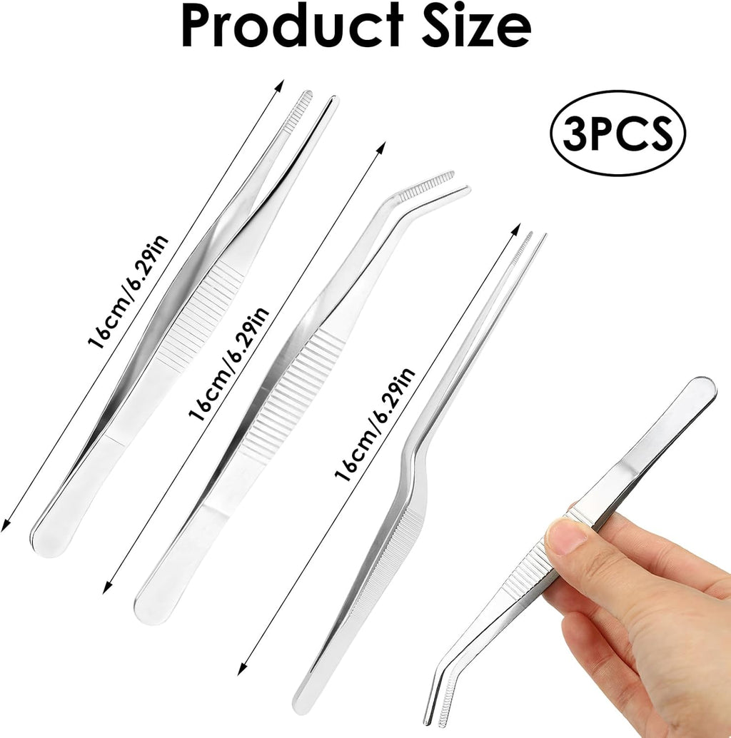 3Pcs Long Tweezers Set, Stainless Steel Plant Tweezers for Bonsai Succulent Gardening, Multipurpose Hand Tools for Kitchen Cooking Craft Reptile Feeding, Ideal for Gardeners