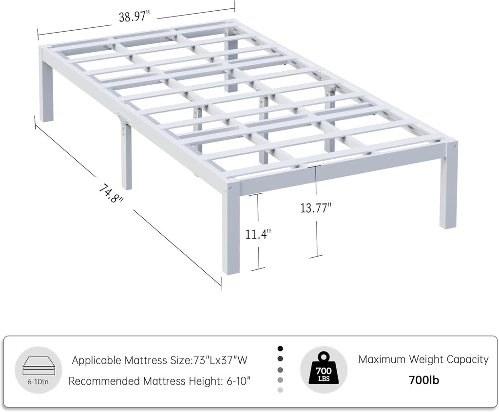 14 Inch Bamboo Bed Frame – Solid Wood Platform Bed Frame, Strong and Stable, with Non-Slip Slats for Support, No Box Spring Needed, Easy to Assemble, Noise-Free (White, Twin)