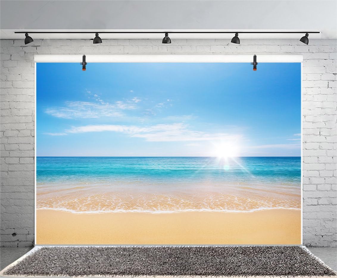 AOFOTO 9x6ft Summer Beach Photography Backdrop Sea Waves Background Blue Sky Clouds Sunlight Hawaiian Luau Adult Lovers Artistic Portrait Wedding Travel Vacation Photo Studio Props Vinyl Wallpaper