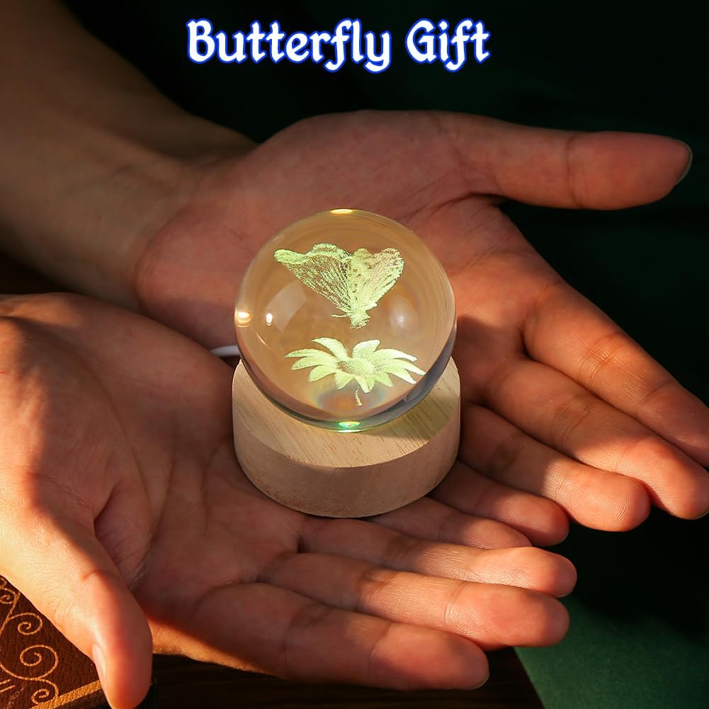 IFOLAINA 3D Butterfly Crystal Ball 60mm Gifts Ideas for Girlfriend Wife Mom Couple Her Christmas Butterfly on Sunflower in Glass Ball with Multicolor Lighting Base