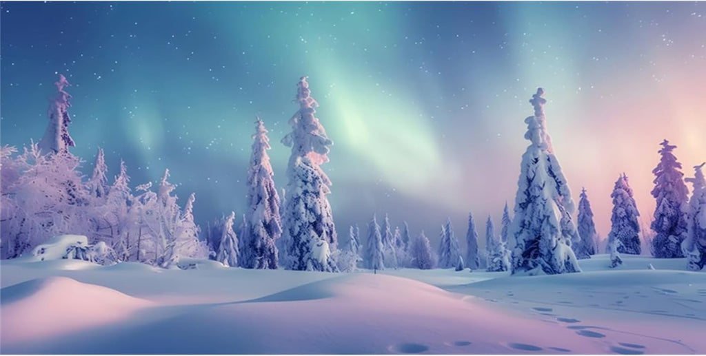 YongFoto Winter Snow Scene Fish Tank Background 36x18 inch Snowfield Pine Forest Rime Starry Sky Aurora Polyester Backdrop Reptile Habitat Terrarium Bearded Dragon Aquarium Background