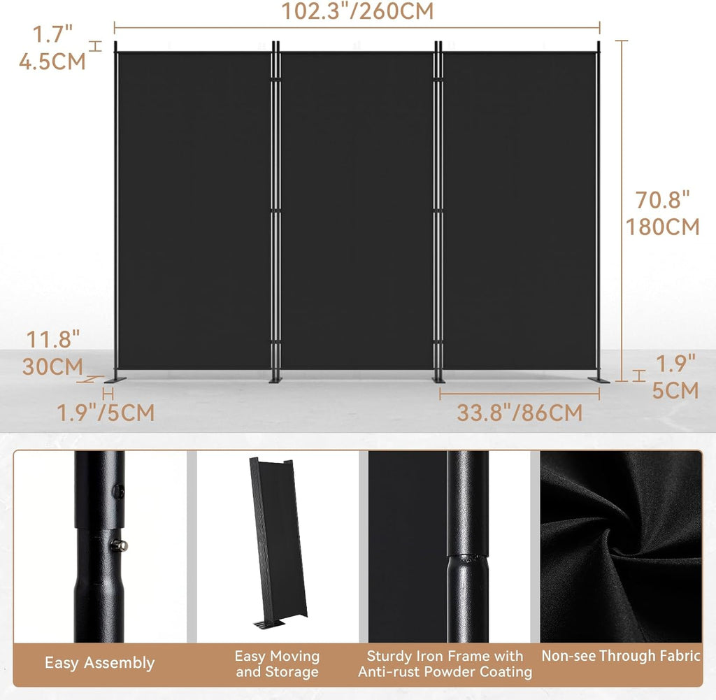 C-Hopetree 3 Panels Room Divider, 6 Ft Tall Indoor Folding Privacy Screen, Portable Partition Separator, Freestanding Separation Temporary Wall for Office, Bedroom, 102" W X 71" H, Black