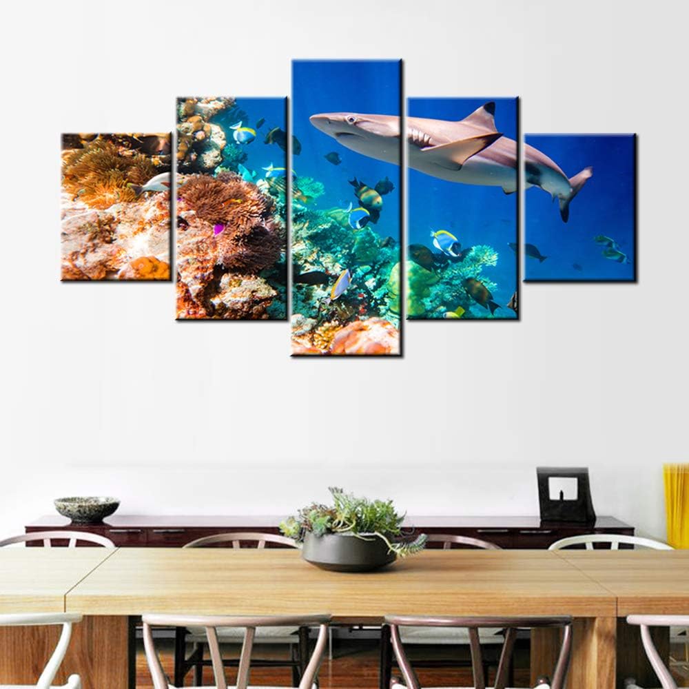 Shark and Small Fishes Wall Art Coral Reef Picture Marine Animal Framed Paintings for Living Room 5 Piece Prints on Canvas Underwater World Artwork House Decor Giclee Ready to Hang(60''Wx 32''H)