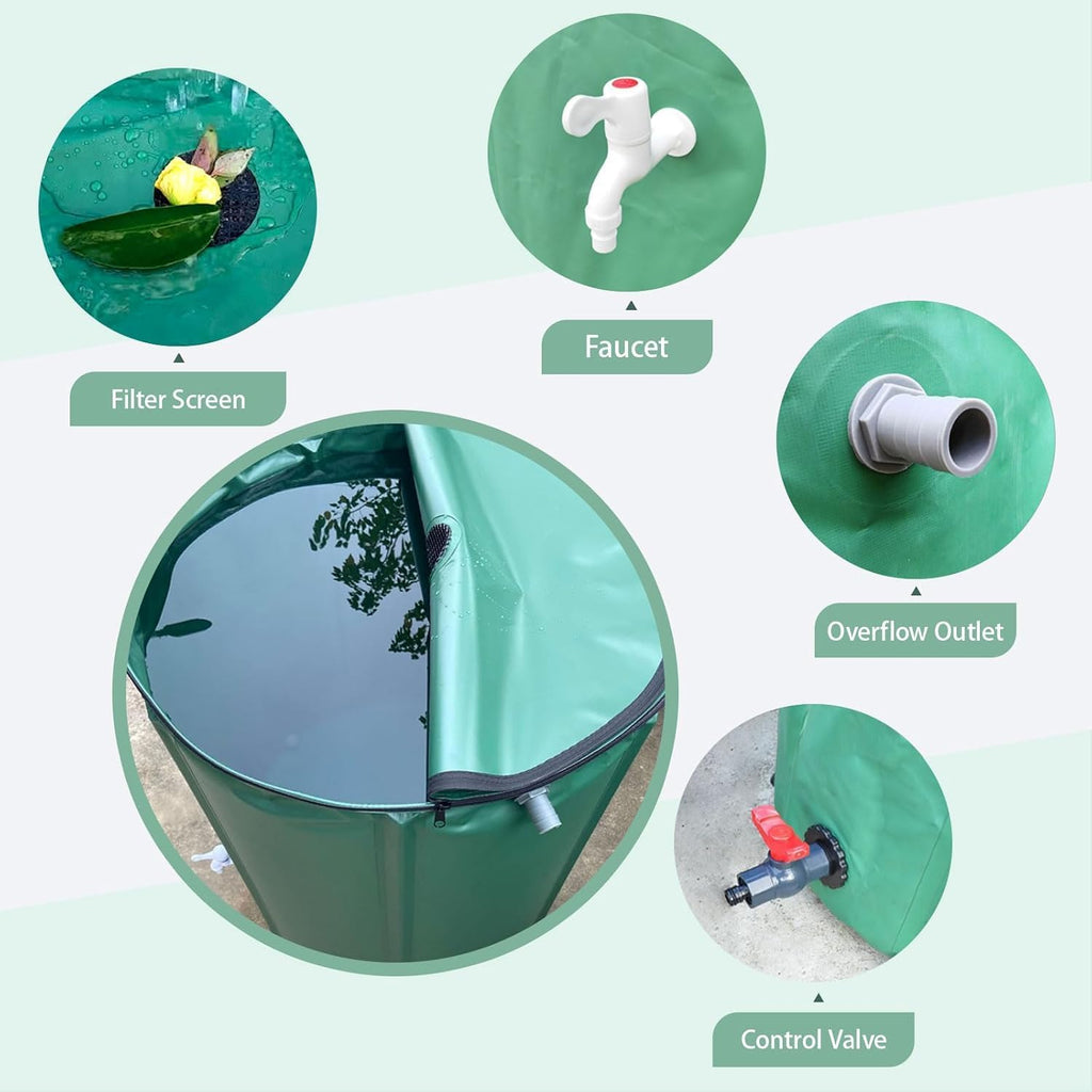 53Gal Collapsible Rain Barrel, Weatherproof Water Tank with Filter, Spigot & Overflow Kit (Reinforced Liner+Thickened Legs),Black
