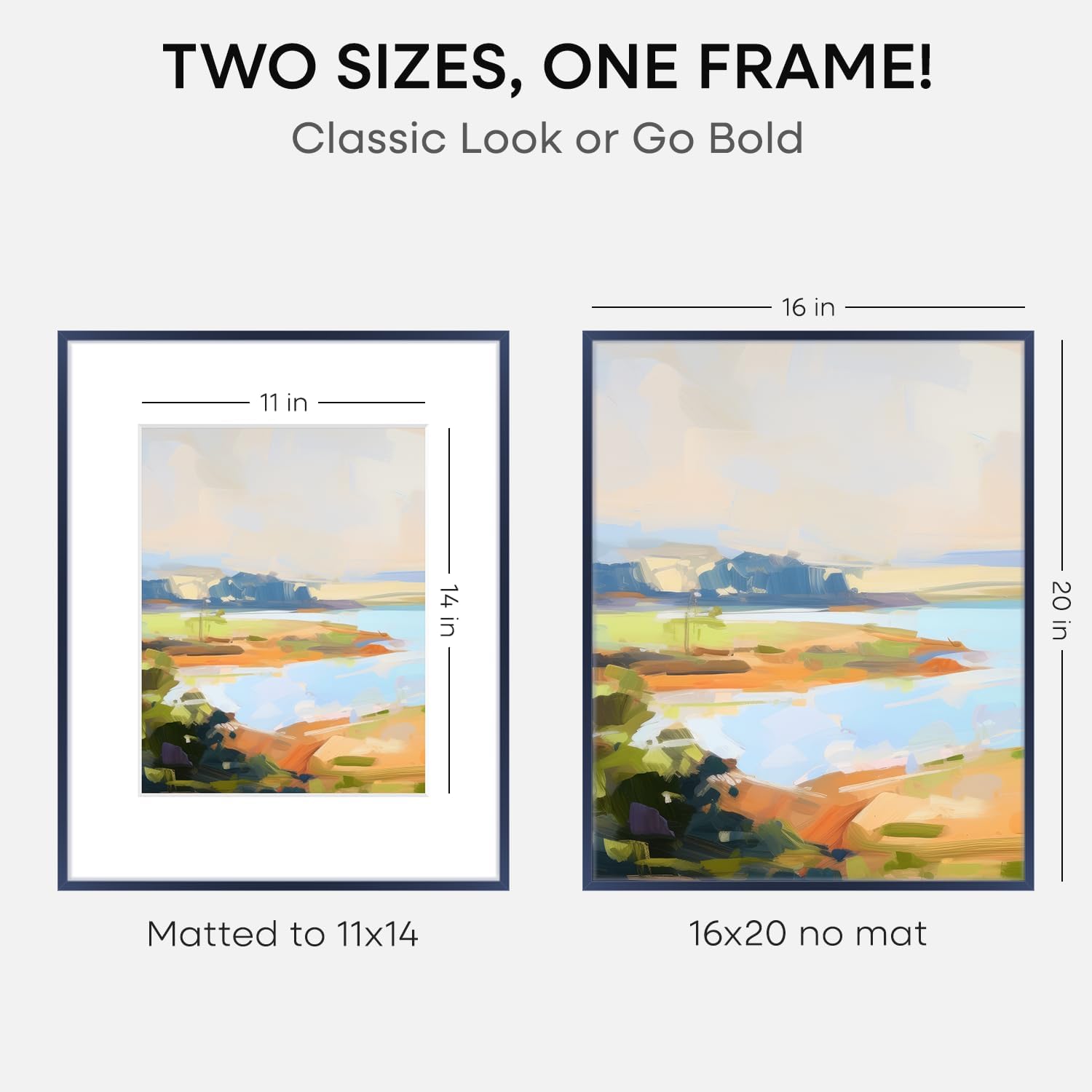 Homeforia 16x20 Navy Blue Picture Frame, High End Metal 16x20 Poster Frames with Mat 11x14 inch Photo, 16 x 20 Navy Blue Frame Matted to 11 by 14 Print, 20x16 Frame, Tempered Glass, Wall Kit, Set of 1