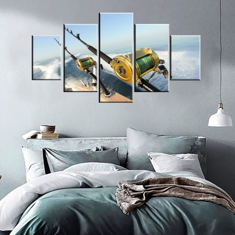 Angling Wall Art for Living Room Fishing Rod and Reel Pictures Ocean Seascape Paintings 5 Panel Prints Artwork on Canvas Modern Home Decor Giclee Wooden Framed Stretched Ready to Hang(60''Wx32''H)