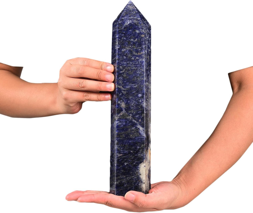 JIC Gem Extra Large Blue Sodalite Healing Crystal Wand 6 Faceted Blue Quartz Crystals Obelisk Tower Points Crystals Decor Reiki 4.4-4.8 Lbs