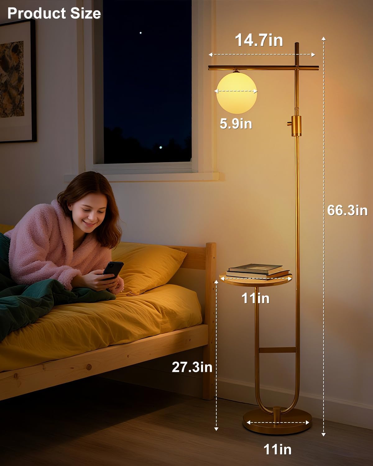Lightdot 66IN Gold Dimmable Floor Lamps with Storage Table, Modern Standing Tall Lamp with Milky White Globe Lampshade, Cross-Shaped Lamp Head and U-Pole Base Style for Living Room/Bedroom/Office