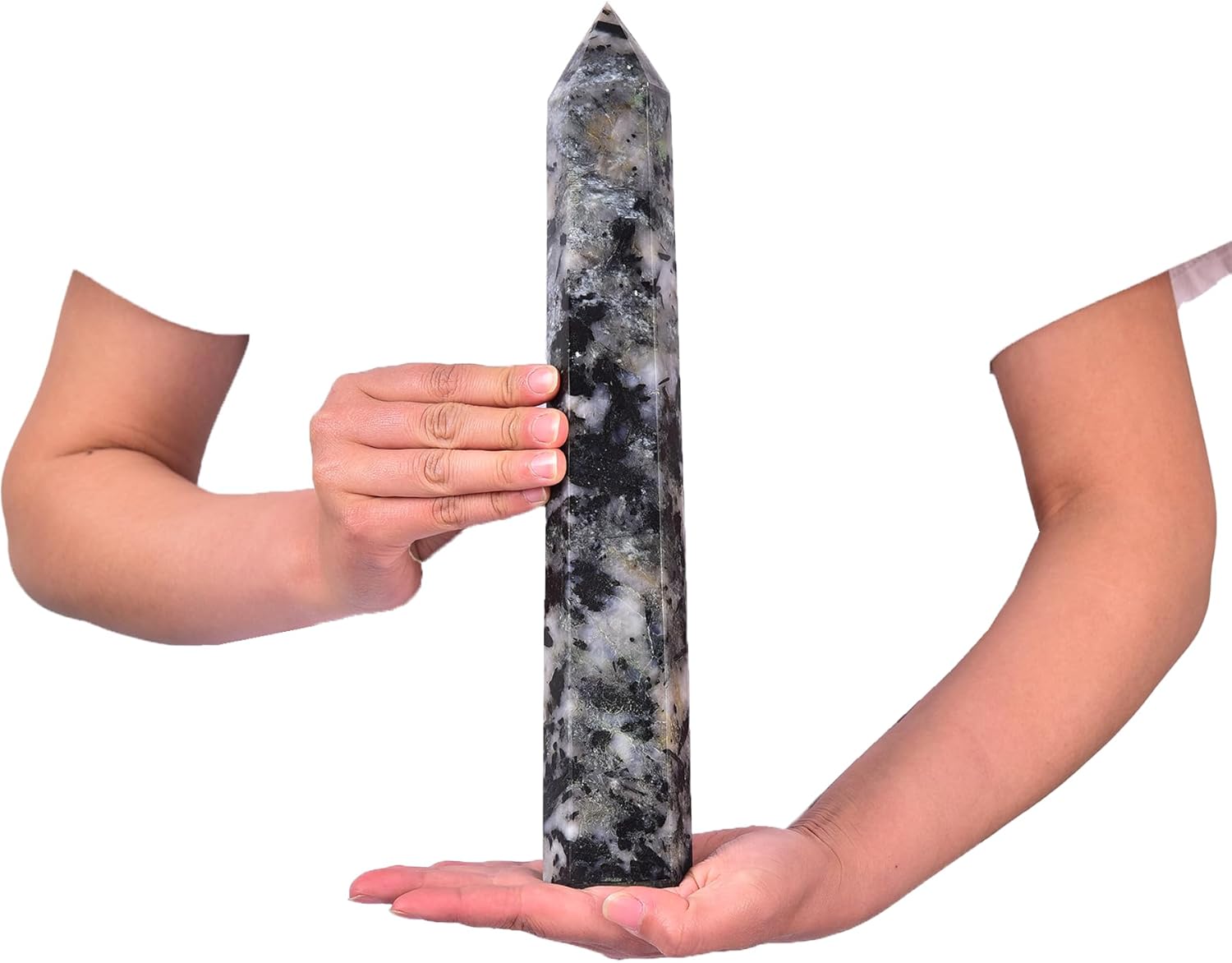 JIC Gem Extra Large Black and White Tourmaline Crystal Obelisk Tower Wand 6 Faceted Healing Crystal Quartz Wand Point Home&Desktop Decoration 4.0-4.4 Lbs