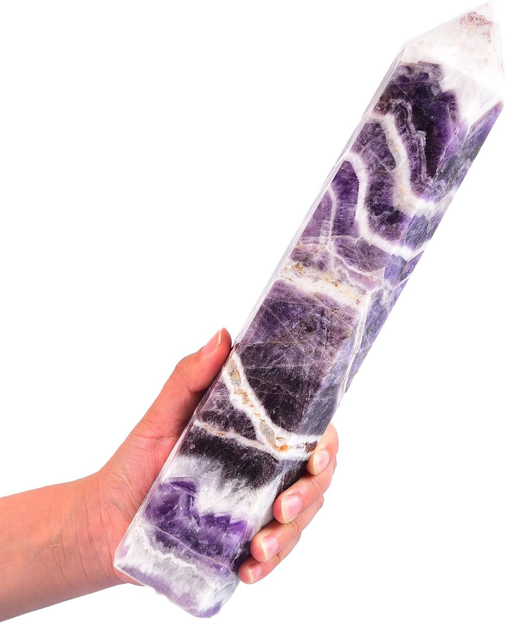 JIC Gem Natural Chevron Amethyst Healing Crystal Obelisk Tower 6 Faceted Large Crystal Wand Reiki Chakra Meditation Therapy Decor Crystal Gift 3.5-4.0 Lbs