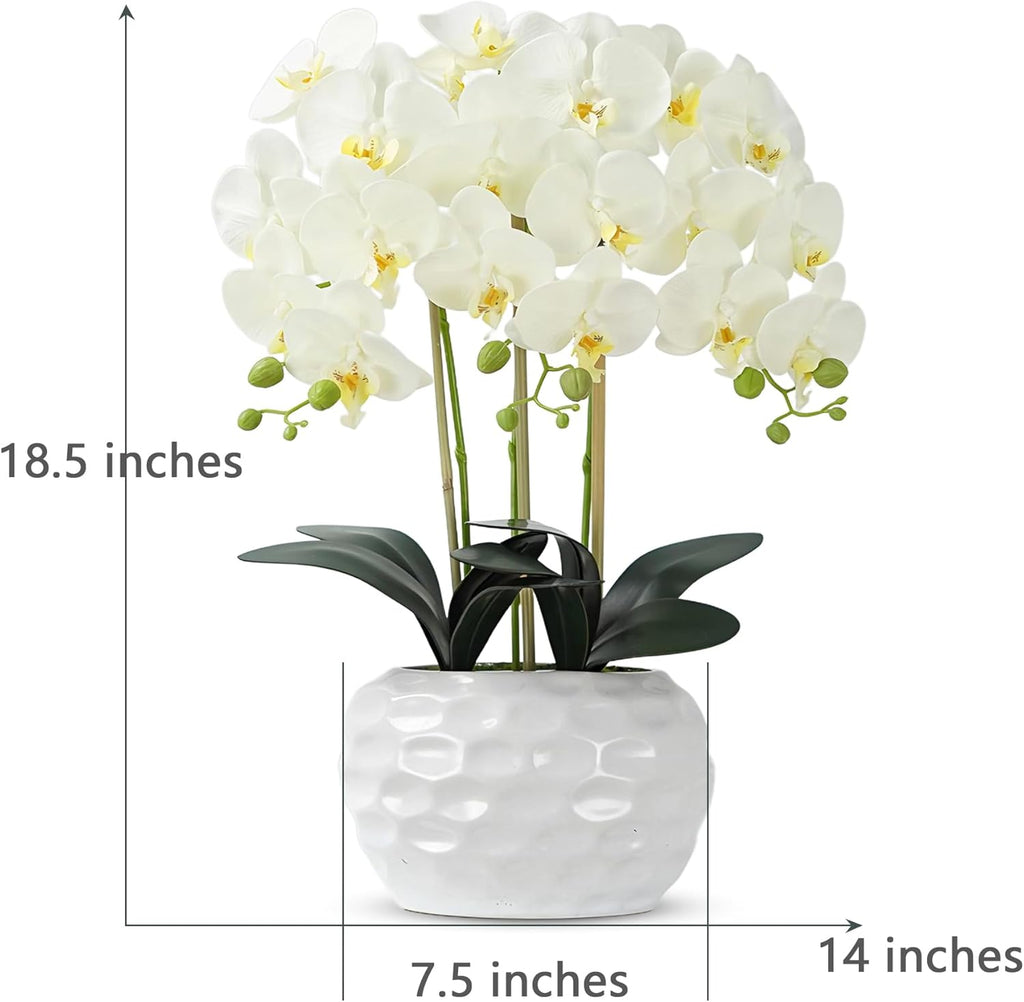 Orchid Artificial Flowers with White Vase Large Silk Faux Phalaenopsis Flowers for Dining Room Table Floral Centerpieces Indoor Decoration,White