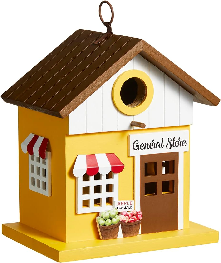 Glitzhome Birdhouses for Outdoors,Solid Wood Hanging Bird Houses for Outside, 9.5" H Modern General Store Decorative Pet Cottage Outdoor Garden Birdhouse for Outdoor Patio,Yellow