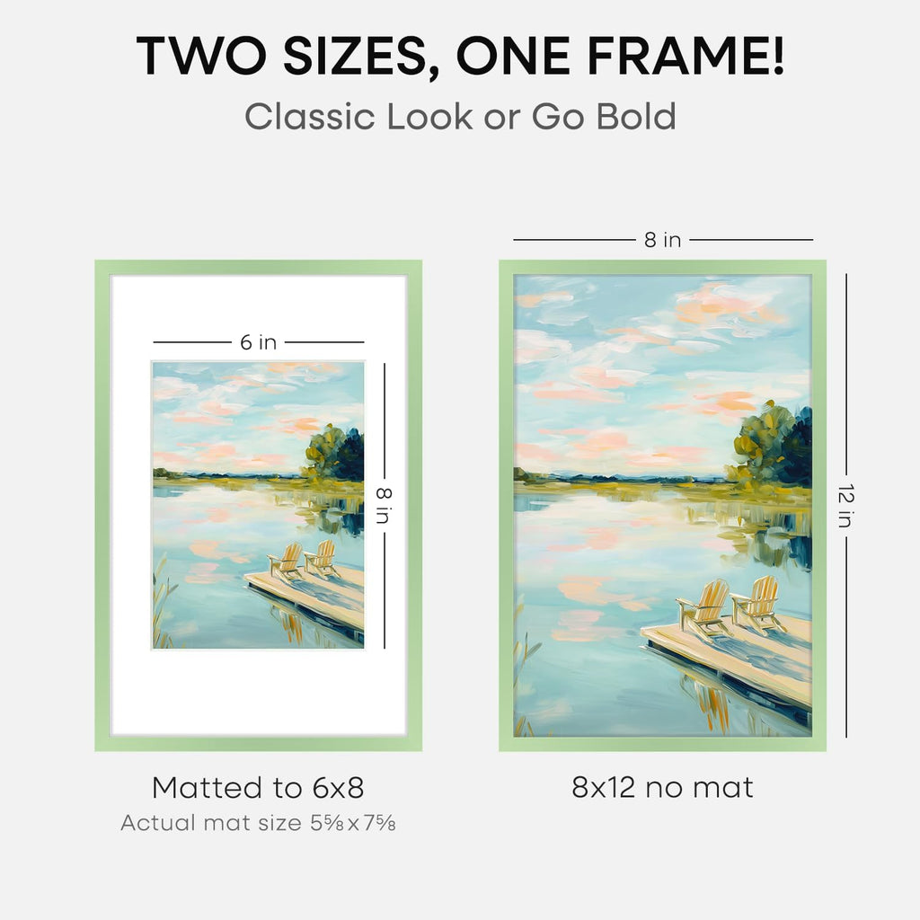 Homeforia 8x12 Picture Frame Sage Green, High End Metal 8 x 12 Poster Frames with Mat 6 by 8 Photo, 12x8 Frame Matted to 6x8 inch Art, 8by12 Wall or Tabletop Frames, Tempered Glass, Wall Kit, Set of 2