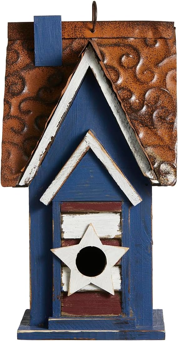 Glitzhome 12.25" H Patriotic Distressed Birdhouse for Outdoors, Solid Wood Villa Decorative Pet Cottage Outdoor Hanging Birdhouse with 3D Star for Garden Patio Backyard