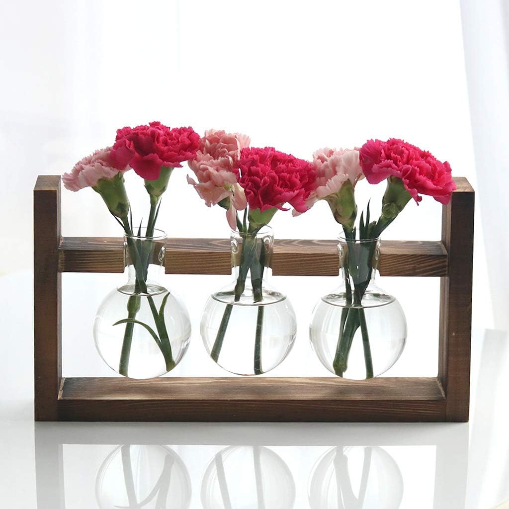 Kingbuy Glass Plant Terrarium - 3 Bulbs Propagation Station with Retro Wood Stand Indoor Garden Planter, Bulb Vase & Desktop Decor for Home Kitchen Wedding, Gift for Women & Plant Lover