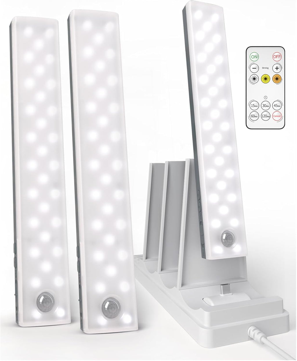 EZVALO 3-Pack Under Cabinet Lighting with Charging Station, 2000mAh Rechargeable Wireless Motion Sensor Lights, 3 Color Temps, Dimmable, Timer, Magnetic, with Remote Control for Kitchen, Closet