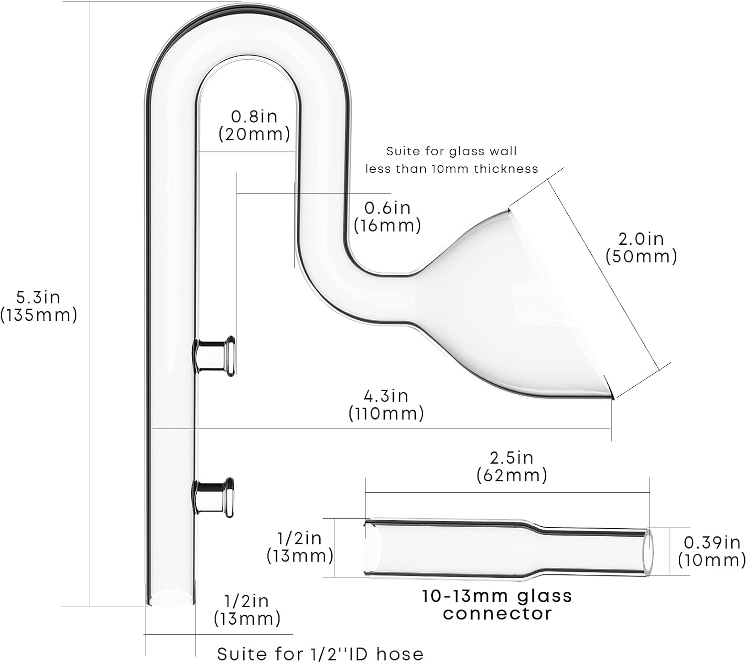 FZONE Aquarium Glass Mini Skimmer Lily Inflow and Outflow Sets for Mini Nano Tanks Filter Pipes(for 1/2inch Tubing)