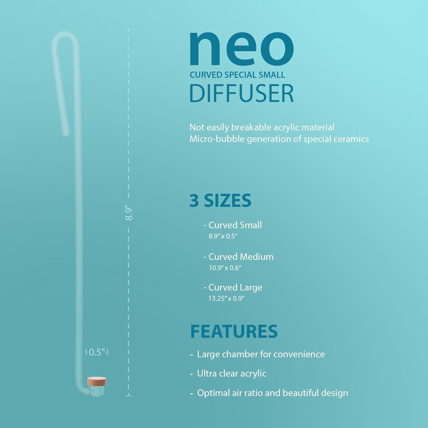 Neo CO2 Aquarium Diffuser - CO2 Diffuser Aquarium Kit, CO2 Diffuser for Aquarium Plants, CO2 System for Aquarium - Curved Special Diffuser, Small
