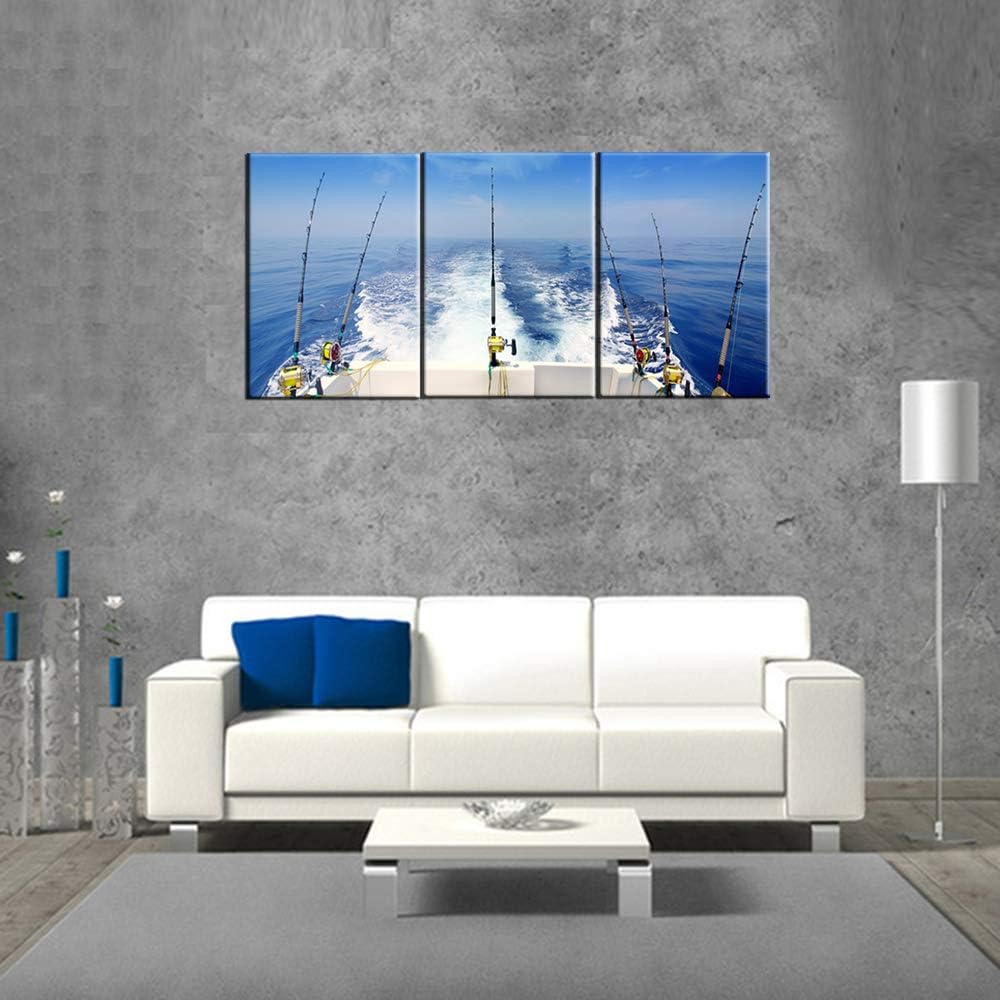 Wall Art for Living Room Fishing Gears and Fisherman Boat Pictures Blue Seascape Paintings Premium Quality Artwork on Canvas Bedroom House Decor Framed Ready to Hang Posters and Prints(60''Wx28''H)