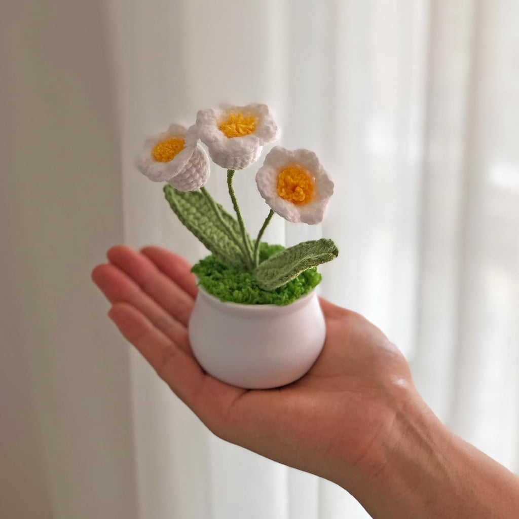Crochet Flowers Cute Little Potted Flower, Gift for Birthday, Teacher’s Day, Graduation, Anniversary, Christmas, Decor for Car Dashboard,Home Office Decoration (White Lily of The Valley)