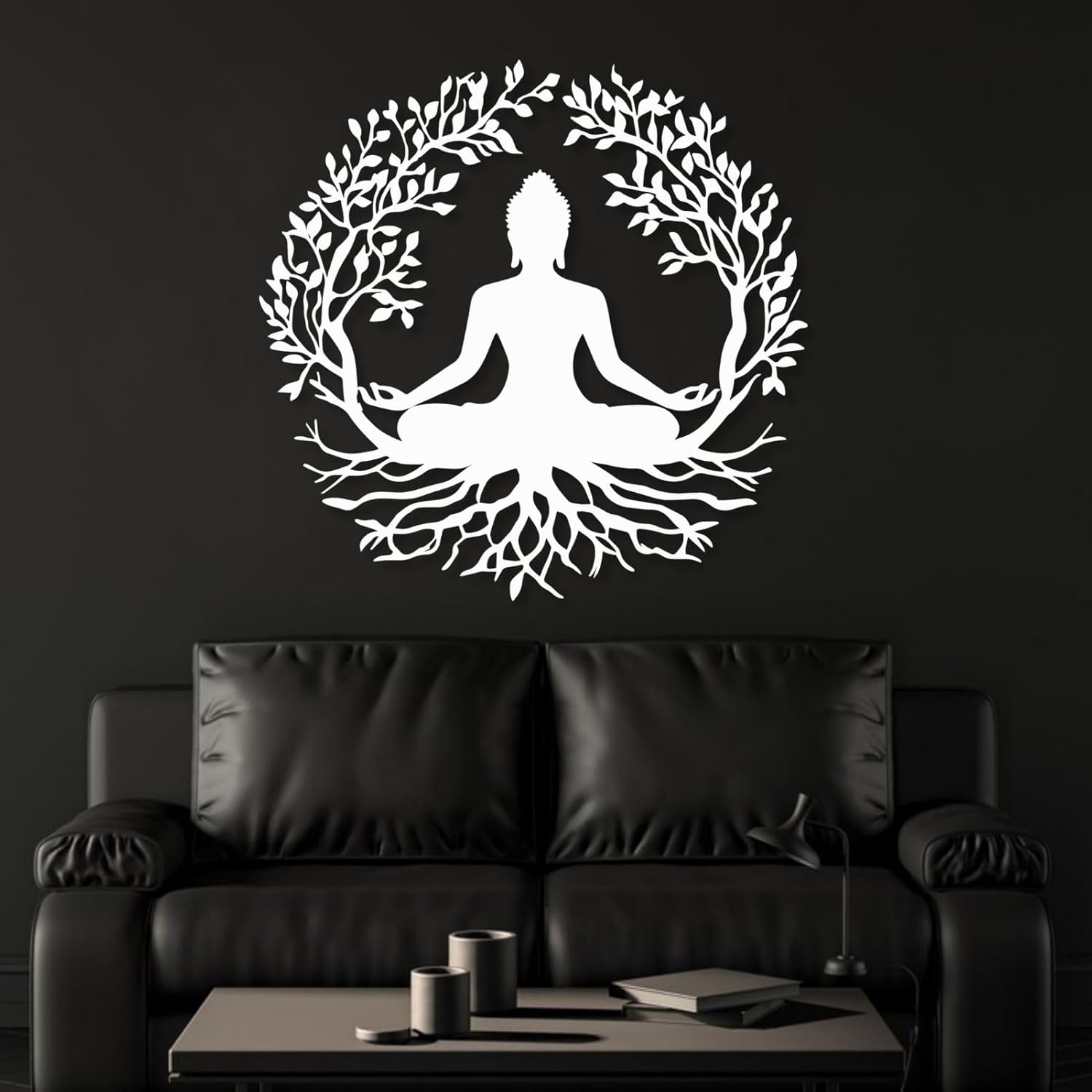 huefoam Buddha Metal Wall Art, Buddha Wall Decor, Tree of Life Metal Wall Art, Tree Wall Decor for Living Room, Bedroom, Meditation Room (Black, 35"×35"/90×90cm, metal art wall decor)