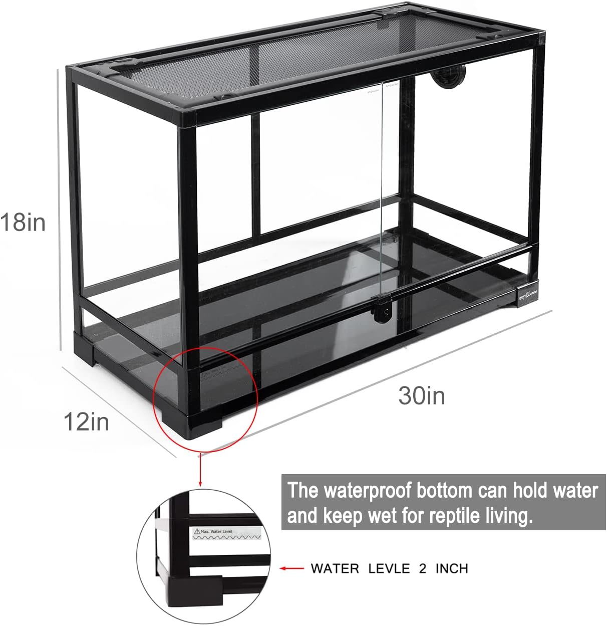 REPTI ZOO Tempered Glass Reptile Terrarium 30 Gallon, Wide Reptiles Tank 30" x 12"x 18" for Reptile Pets Bearded Dragon Gecko Lizard, Double Front Opening Doors Top Screen Ventilation
