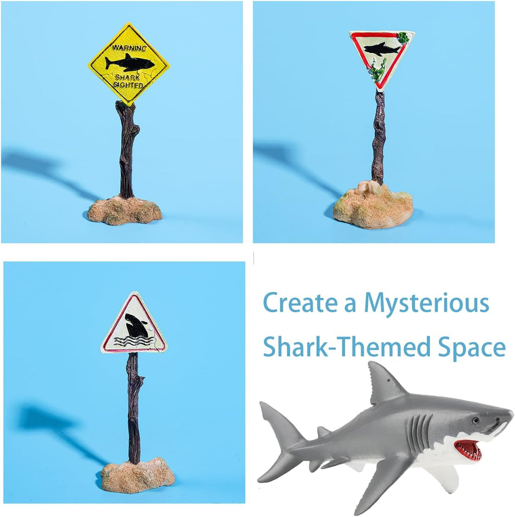 Aquarium Shark Décor Set - Floating Great White Shark with Shark Warning Sign for Fish Tanks - Decorative Accessories for Aquariums (Danger - Shark Zone)