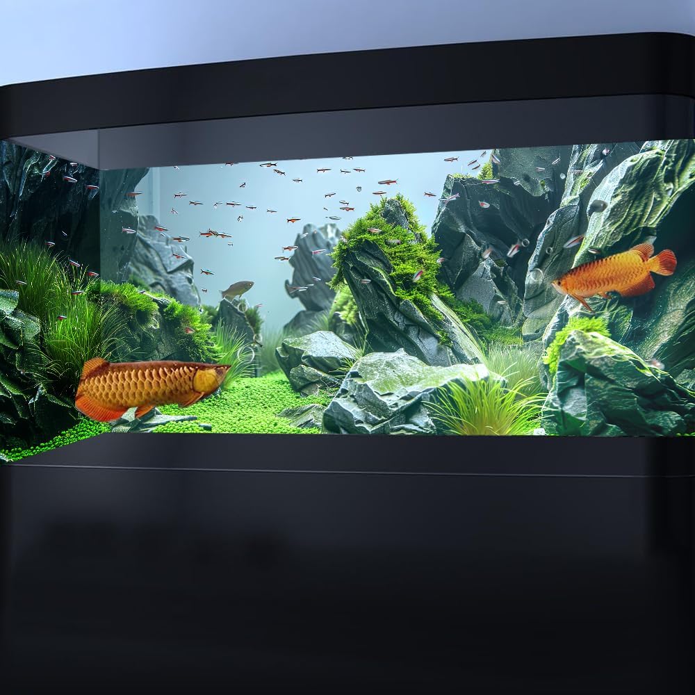 Marine Aquarium Background, Sea Rock Green Landscape Fish Tank Background, Nature Photo Terrarium Background 48X20IN with 8 EVA Double-Sided Tape