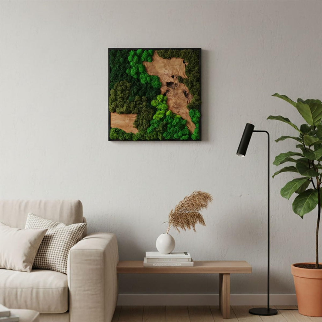 vadmepiop Natural Preserved Moss Wall Art with Real Wood Frame, Handcrafted Maintenance-Free Moss Wall Panel for Home Decor, Office, Restaurant, Bar & Cafe (Square, 11.81in)
