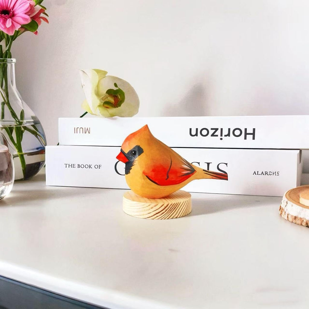 Handmade Wooden Northern Cardinal Figurines Set, Hand-Painted Female Cardinal Birds, Decorative Wood Bird Sculptures for Home Décor,Christmas Ornaments & Unique Gift for Bird Lovers