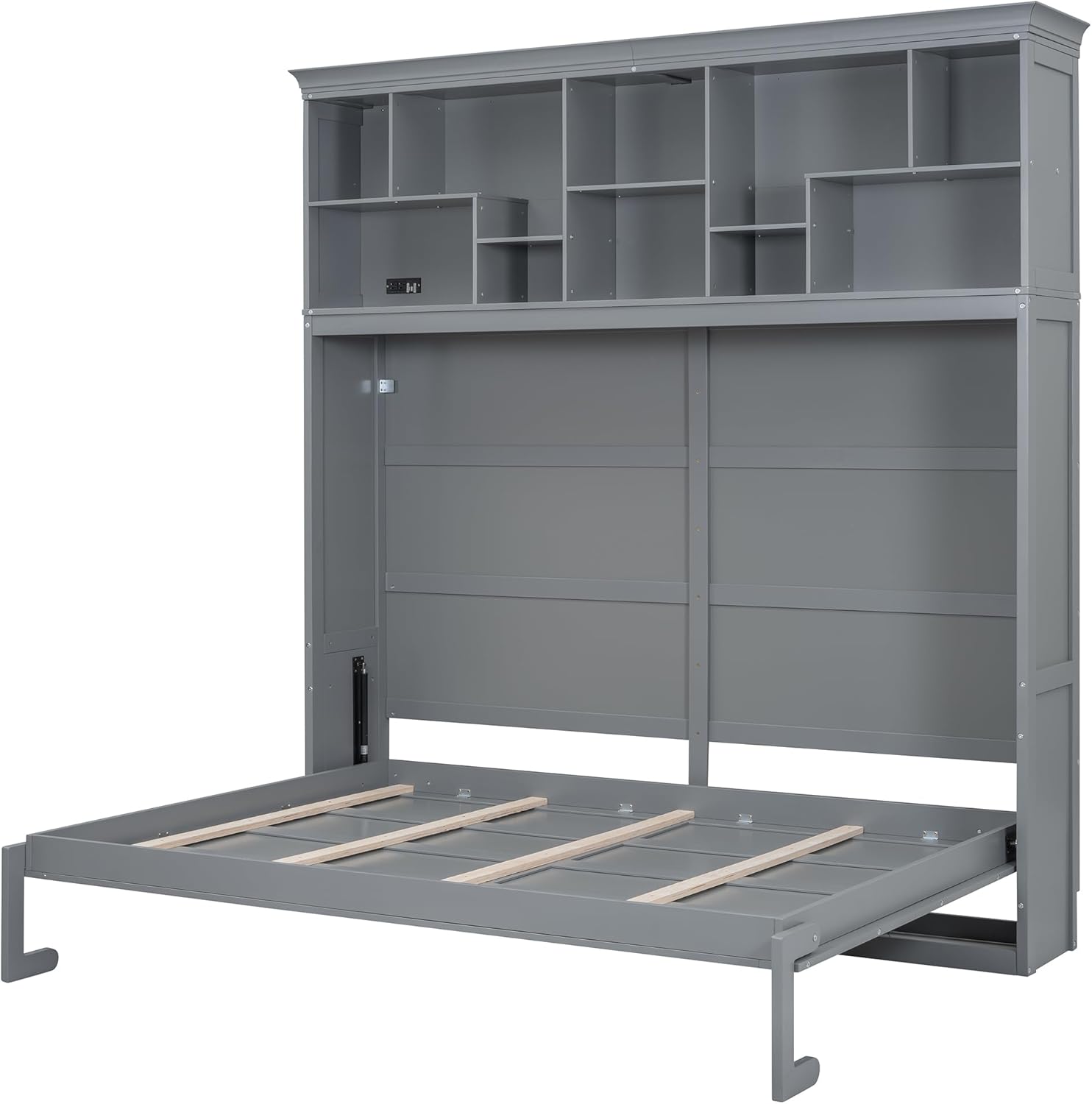 Merax Farmhouse Solid Wood Murphy Bed Chest with Top Shelves & USB Charging, Storage Wall Platform Bed with Wood Slat Support/Space Saving Queen,Gray